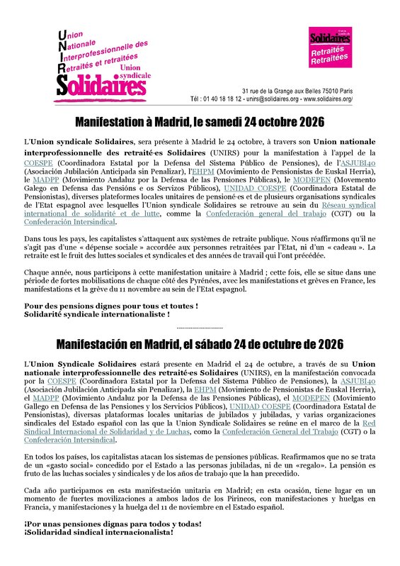 2026 - 10 - 21 - Manifestation à Madrid^J le samedi 24 octobre 2026